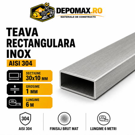 Teava rectangulara inox AISI 304, 30 x 10 x 1 mm, 6 metri